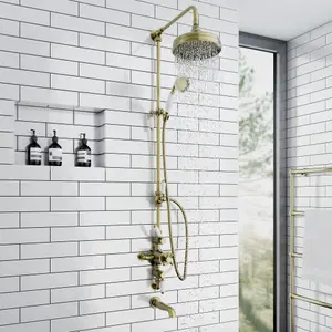 ENKI Downton Antique Brass Traditional 3-Outlet Brass Thermostatic Triple Valve Shower Set 200mm