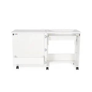 Compact White Sewing Machine Cabinet with Lift Mechanism