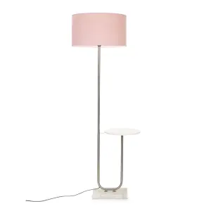 ValueLights Tavel Brushed Chrome Silver Floor Lamp with Table and Pink Shade