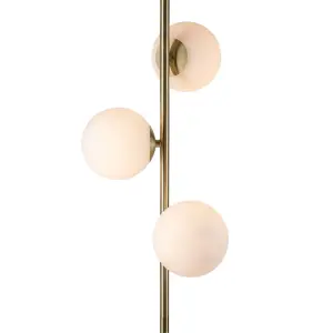 First Choice Lighting Pair of Satin Brass Floor Lamps with Opal Globe Shades