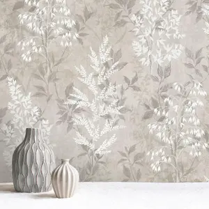 Rasch Texture Effect Garden Leaf Plant Leaves Smooth Metallic Shimmer Wallpaper Greige 284064