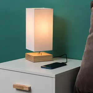 ValueLights Alfis Pair of Pine Wood & White Bedside Table Lamps with USB Charging Port - Complete with 4w LED Bulbs 3000K