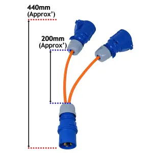 SPARES2GO 16A Splitter Cable 240V Generator 2 Way Hook Up Y Piece 2 x 16 Amp Sockets (Orange)