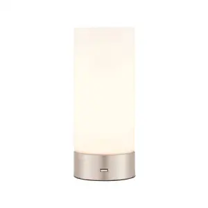 Luminosa Dara 1 Light Table Lamp Brushed Nickel, Matt Opal Duplex Glass, E14