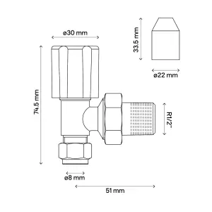 Flomasta Gloss chrome effect Angled Manual Radiator valve, (Dia)8mm, Pack of 1