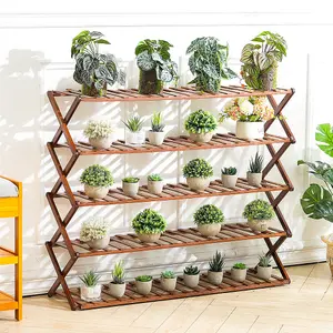 5-Shelf Brown Foldable Bamboo Ladder Flower Pot Stand Rack Holder Multifunctional Display Storage Rack 78cm (H)