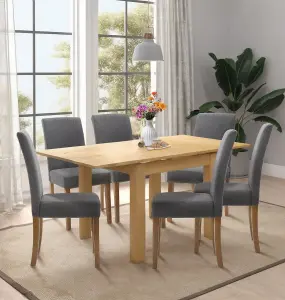 Hallowood Furniture Waverly Oak Small Extending Table with 6 Upholstered Straight Back Grey Chair with Oak Legs