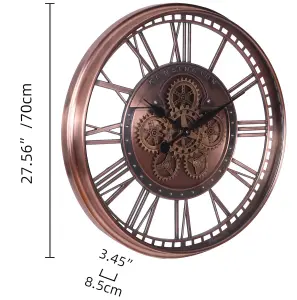 Wadan 70cm Copper Roman Mechanical Moving Gears Wall Clock Clear Numbers Easy to Read Battery Operated Analogue Wall Clock