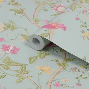 Laura Ashley Summer Duck egg Floral Smooth Wallpaper Sample