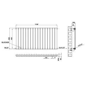 Horizontal White Single Flat Panel Radiator (H) 600 mm x (W) 1156 mm, 3726 BTU.