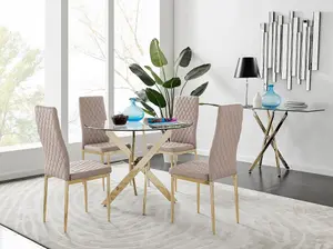 Furniturebox UK 4 Seater Dining Set - Novara 100cm Gold Round Glass Dining Table and Chairs - 4 White Faux Leather Milan Chairs