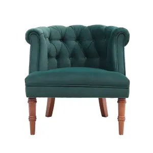 Dark Green Velvet Upholstered Buttoned Accent Tub Chair with Wooden Legs