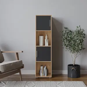 URBNLIVING 119cm Height 4 Cube Bookcase Oak Wooden Black Door Metal Handle Display Storage Shelf