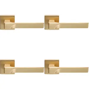 4 PACK - Premium Contoured Door Handle Set - Satin Brass Sleek Lever on Square Rose