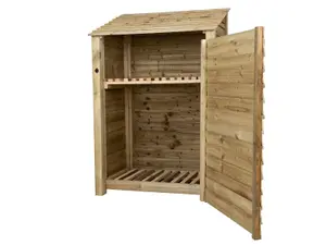 Wooden log store with door and kindling shelf W-119cm, H-180cm, D-88cm - natural (light green) finish