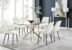 Furniturebox UK Leonardo 6 Gold Dining Table and 6 Cream Pesaro Black Leg Chairs