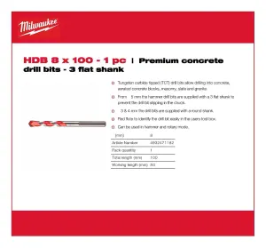 Milwaukee - Premium Concrete Drill Bit - 3 Flat Shank 8mm x 100mm - 1 Piece