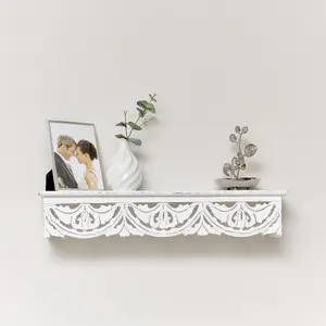 Melody Maison White Wooden Carved Boho Wall Shelf - 60cm