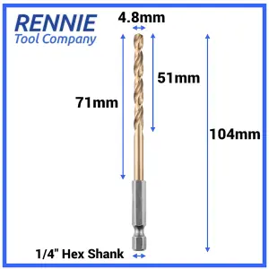 Box of 10 x 4.8mm Hex Shank HSS Gold Cobalt Jobber Drill Bit Set For Stainless Steel, Hard Metals, Aluminium, Cast Iron, Copper.