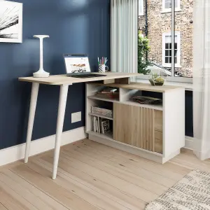 Bridge Desk Sonoma Oak effect finish and white accents and can be assembled left or right