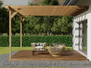 Wall mounted pergola and decking complete diy kit, Orchid design (2.4m x 2.4m, Rustic brown finish)