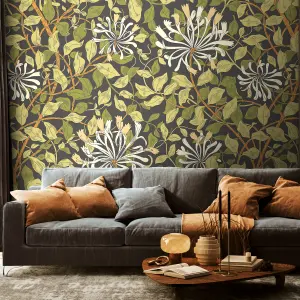 Origin Murals Honeysuckle - Black and Olive Green Matt Smooth Paste the Wall Mural 350cm wide x 280cm high