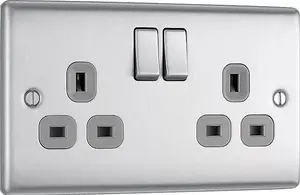 BG Nexus NBS22G 13A Switched Double Plug Socket 2 Gang  Decorative Metal Power Outlet with Brushed Steel Finish - Pack of 5