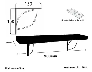 Solid Wood Handmade Rustical Shelf Black Ash 175mm 7 inch with Silver Metal Bracket TRAMP Length of 90cm