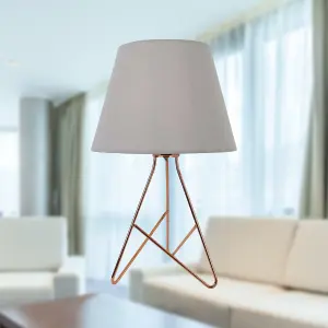 First Choice Lighting Set of 2 Tripod Copper 42cm Table Lamps With Grey Fabric Shades