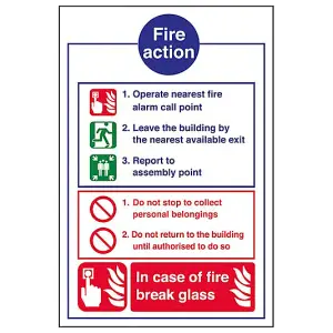 Break Glass Fire Action Safety Sign - Rigid Plastic - 200x300mm (x3)