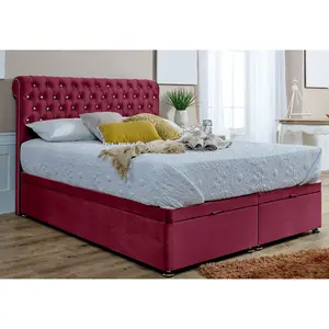 Santino Divan Ottoman Plush Bed Frame With Chesterfield Headboard - Maroon