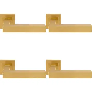 4 PACK - Premium Straight Door Handle Set - Satin Brass Designer Lever on Square Rose