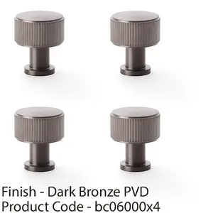 4 PACK - Round Reeded Door Knob - 29mm Diameter Dark Bronze Lined Cupboard Pull Handle