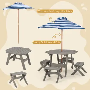 Costway Wooden Octagon Table Set Kids Picnic Table & 4 Chairs w/ Umbrella