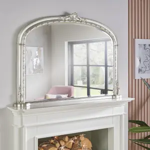 Overmantle Wall Mirror Mayfair Bevelled Arched Shape with Silver Frame- H 89cm x W 127cm x D 4cm for Hanging over your fireplace