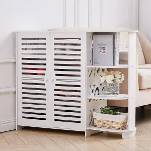 4 Tier White Modern Shoe Storage Cabinet with Double Doors and Open Shelf for Entryway