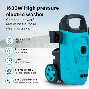 1600W Pressure Washer Portable Jet Washer High 130 Bar Electric Power Adjustable