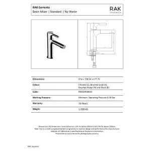 RAK Sorrento Brushed Gold Modern Basin Sink Mixer Tap Solid Brass