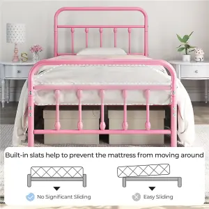 Yaheetech Pink 3ft Single Vintage Metal Bed Frame with High Headboard and Footboard