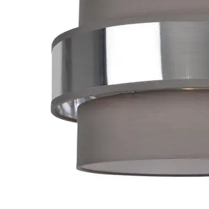 First Choice Lighting Easy Fit 2 Tier Grey Fabric & Brushed Silver Plated Banded Ceiling Shade