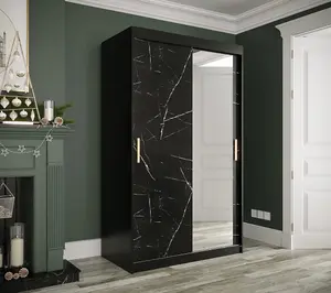 Sleek Black Geneva T2 Sliding Door Wardrobe W1200mm H2000mm D620mm - Stylish Design, Mirrored Door, Gold Handles