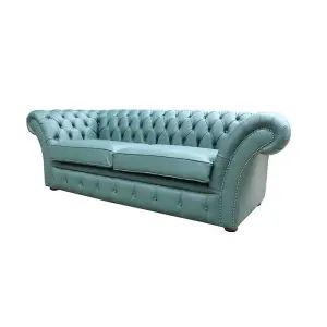 Chesterfield 3 Seater Sofa Settee Shelly Jade Green Leather In Balmoral Style