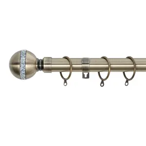 A.Unique Home Diamante Ball Metal Extendable Curtain Pole with Rings and Fittings (25/28mm) - Antique Brass, 180cm - 340cm Approx