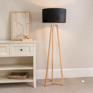 ValueLights Lottie Natural Wood Tripod Floor Lamp with Black Velvet Drum Shade