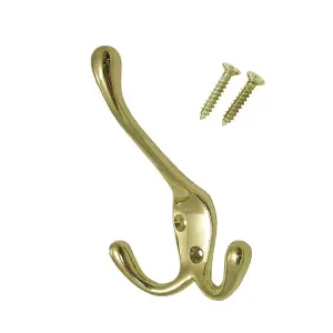 2 x Polished Brass Metal Triple Hat and Coat Hooks, Door Robe Dress Hangers