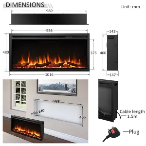 FLAMME 40"/102cm Castello Slim Frame Recessed Media Wall Inset Electric Fireplace with Multi Flame Colours 750W/1500W