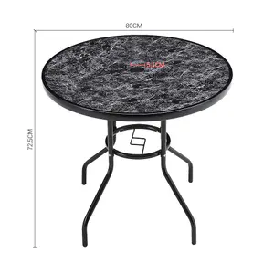 Black Round Garden Tempered Glass Marble Coffee Table with Umbrella Hole 80cm