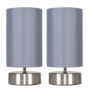 ValueLights Francis Pair of Brushed Chrome Touch Dimmer Bedside Table Lamps with Grey Cylinder Light Shades