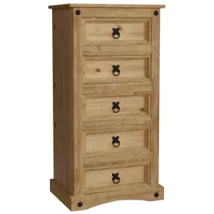 Vida Designs Corona 5 Drawer Narrow Chest Mexican Solid Waxed Pine (H)950mm (W)480mm (D)350mm