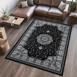 Wadan 80x300 cm Black Tabriz Royal Rug, 10mm Soft Pile Oriental Rug, Washable Area Rugs, Royal Tabriz Rug for Home and Office